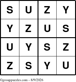 The grouppuzzles.com Answer grid for the Suzy puzzle for Sunday August 9, 2026