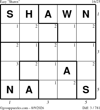 The grouppuzzles.com Easy Shawn puzzle for Sunday August 9, 2026 with all 3 steps marked