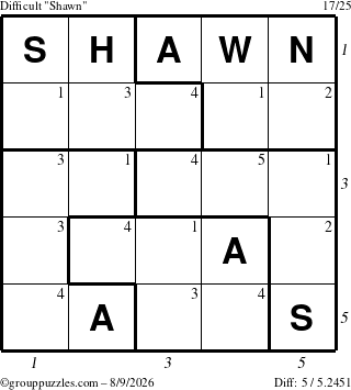 The grouppuzzles.com Difficult Shawn puzzle for Sunday August 9, 2026 with all 5 steps marked