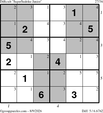 The grouppuzzles.com Difficult SuperSudoku-Junior puzzle for Sunday August 9, 2026 with all 5 steps marked