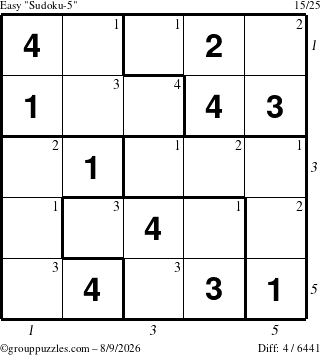 The grouppuzzles.com Easy Sudoku-5 puzzle for Sunday August 9, 2026, suitable for printing, with all 4 steps marked