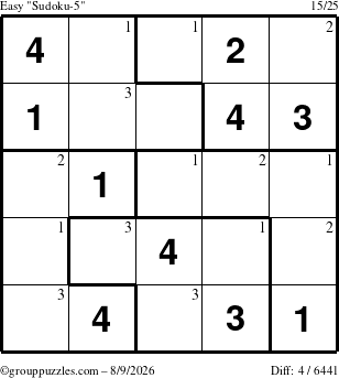 The grouppuzzles.com Easy Sudoku-5 puzzle for Sunday August 9, 2026 with the first 3 steps marked