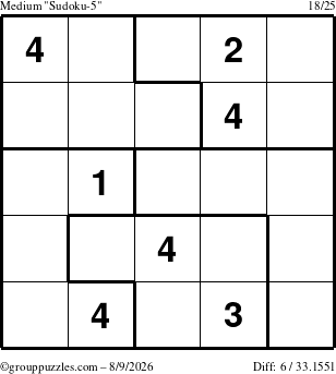 The grouppuzzles.com Medium Sudoku-5 puzzle for Sunday August 9, 2026