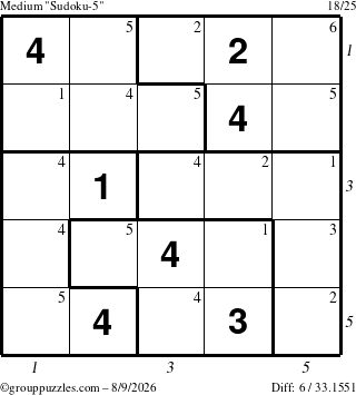The grouppuzzles.com Medium Sudoku-5 puzzle for Sunday August 9, 2026, suitable for printing, with all 6 steps marked