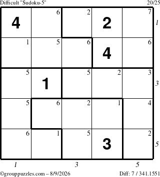 The grouppuzzles.com Difficult Sudoku-5 puzzle for Sunday August 9, 2026, suitable for printing, with all 7 steps marked