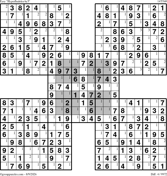The grouppuzzles.com Easy HyperSudoku-by5 puzzle for Sunday August 9, 2026 with the first 3 steps marked