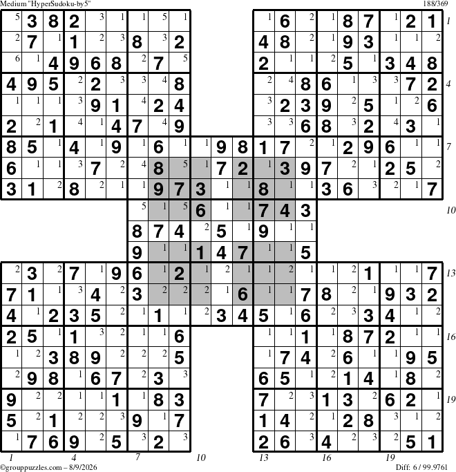 The grouppuzzles.com Medium HyperSudoku-by5 puzzle for Sunday August 9, 2026 with all 6 steps marked