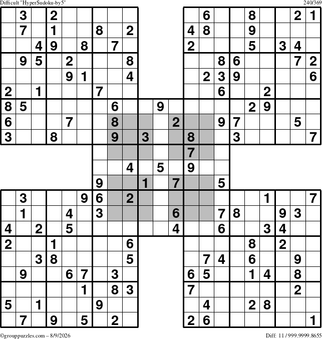 The grouppuzzles.com Difficult HyperSudoku-by5 puzzle for Sunday August 9, 2026