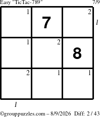 The grouppuzzles.com Easy TicTac-789 puzzle for Sunday August 9, 2026 with all 2 steps marked
