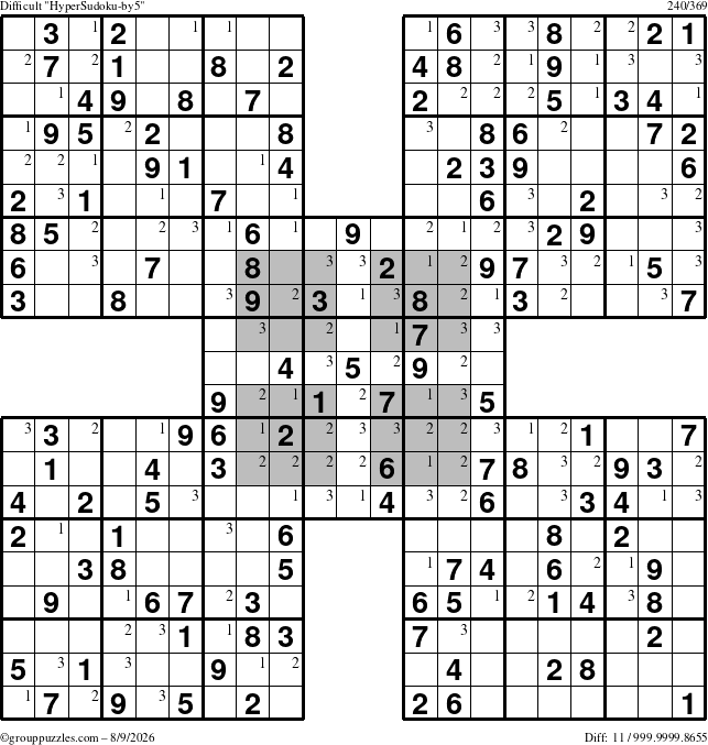 The grouppuzzles.com Difficult HyperSudoku-by5 puzzle for Sunday August 9, 2026 with the first 3 steps marked