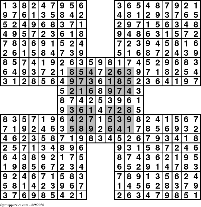 The grouppuzzles.com Answer grid for the HyperSudoku-by5 puzzle for Sunday August 9, 2026