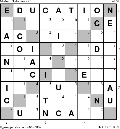 The grouppuzzles.com Medium Education-X puzzle for Sunday August 9, 2026, suitable for printing, with all 6 steps marked