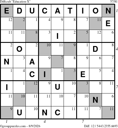 The grouppuzzles.com Difficult Education-X puzzle for Sunday August 9, 2026, suitable for printing, with all 12 steps marked