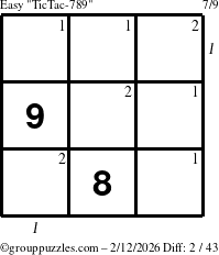 The grouppuzzles.com Easy TicTac-789 puzzle for Thursday February 12, 2026 with all 2 steps marked