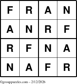 The grouppuzzles.com Answer grid for the Fran puzzle for Thursday February 12, 2026