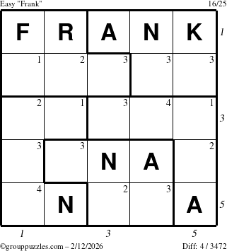 The grouppuzzles.com Easy Frank puzzle for Thursday February 12, 2026 with all 4 steps marked