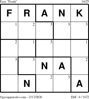 The grouppuzzles.com Easy Frank puzzle for Thursday February 12, 2026 with the first 3 steps marked