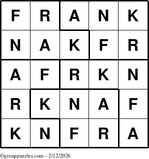 The grouppuzzles.com Answer grid for the Frank puzzle for Thursday February 12, 2026