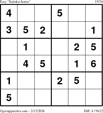 The grouppuzzles.com Easy Sudoku-Junior puzzle for Thursday February 12, 2026