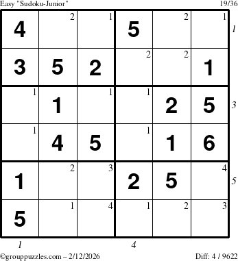 The grouppuzzles.com Easy Sudoku-Junior puzzle for Thursday February 12, 2026 with all 4 steps marked