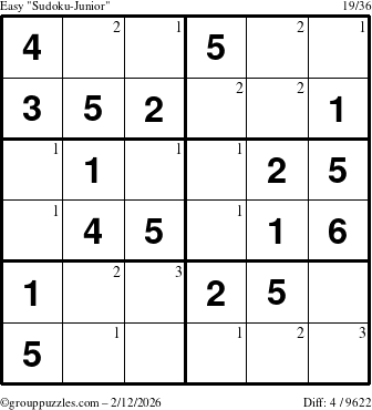 The grouppuzzles.com Easy Sudoku-Junior puzzle for Thursday February 12, 2026 with the first 3 steps marked