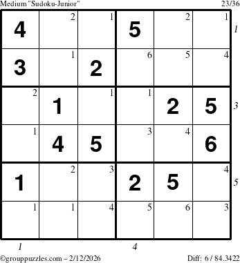 The grouppuzzles.com Medium Sudoku-Junior puzzle for Thursday February 12, 2026 with all 6 steps marked