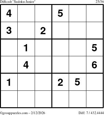 The grouppuzzles.com Difficult Sudoku-Junior puzzle for Thursday February 12, 2026