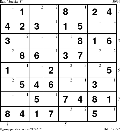 The grouppuzzles.com Easy Sudoku-8 puzzle for Thursday February 12, 2026 with all 3 steps marked
