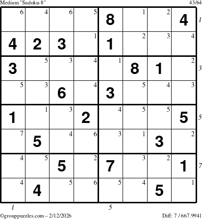 The grouppuzzles.com Medium Sudoku-8 puzzle for Thursday February 12, 2026, suitable for printing, with all 7 steps marked