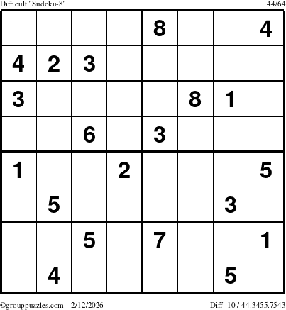The grouppuzzles.com Difficult Sudoku-8 puzzle for Thursday February 12, 2026