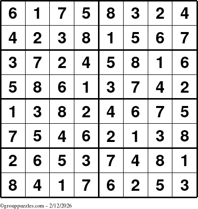 The grouppuzzles.com Answer grid for the Sudoku-8 puzzle for Thursday February 12, 2026