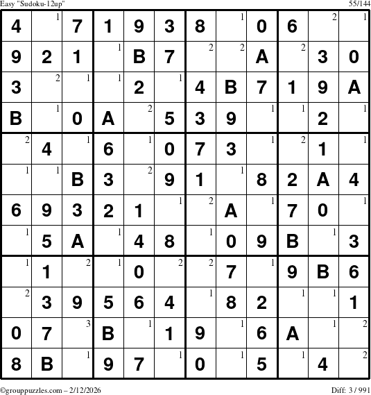 The grouppuzzles.com Easy Sudoku-12up puzzle for Thursday February 12, 2026 with the first 3 steps marked