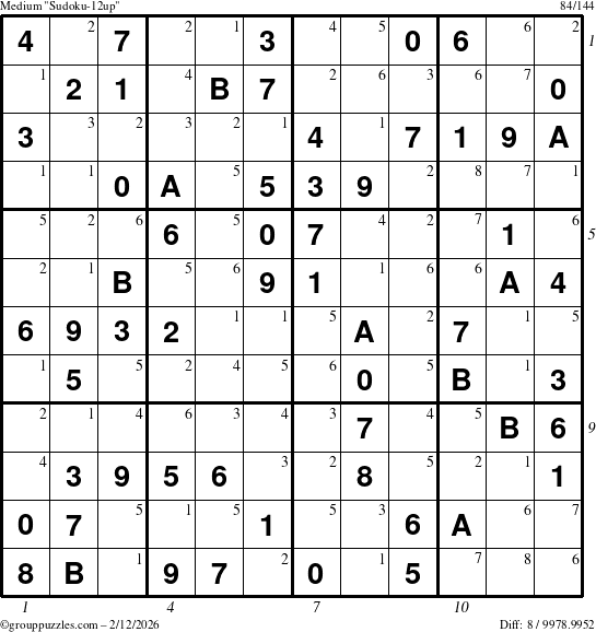 The grouppuzzles.com Medium Sudoku-12up puzzle for Thursday February 12, 2026, suitable for printing, with all 8 steps marked