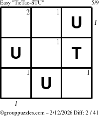 The grouppuzzles.com Easy TicTac-STU puzzle for Thursday February 12, 2026, suitable for printing, with all 2 steps marked