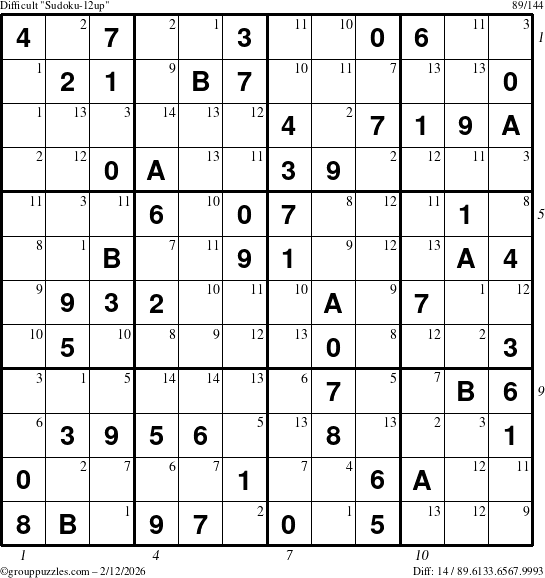 The grouppuzzles.com Difficult Sudoku-12up puzzle for Thursday February 12, 2026, suitable for printing, with all 14 steps marked