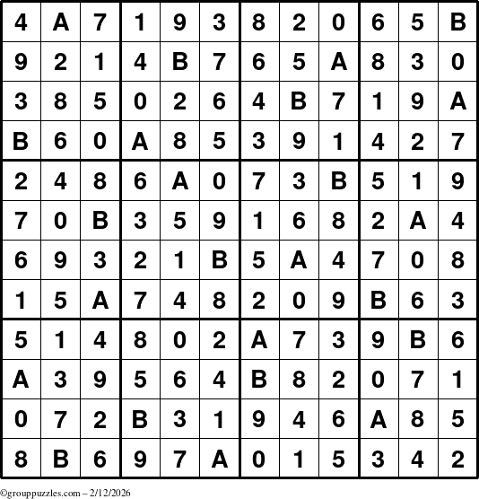 The grouppuzzles.com Answer grid for the Sudoku-12up puzzle for Thursday February 12, 2026