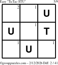 The grouppuzzles.com Easy TicTac-STU puzzle for Thursday February 12, 2026 with the first 2 steps marked