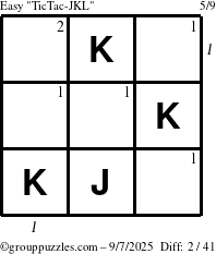 The grouppuzzles.com Easy TicTac-JKL puzzle for Sunday September 7, 2025 with all 2 steps marked