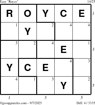 The grouppuzzles.com Easy Royce puzzle for Sunday September 7, 2025, suitable for printing, with all 4 steps marked