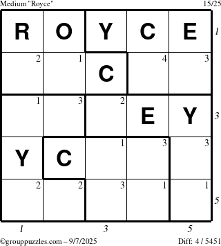 The grouppuzzles.com Medium Royce puzzle for Sunday September 7, 2025 with all 4 steps marked
