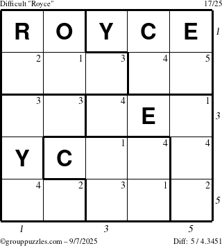 The grouppuzzles.com Difficult Royce puzzle for Sunday September 7, 2025, suitable for printing, with all 5 steps marked