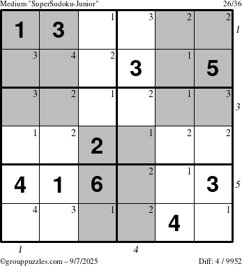 The grouppuzzles.com Medium SuperSudoku-Junior puzzle for Sunday September 7, 2025, suitable for printing, with all 4 steps marked