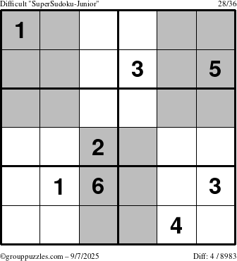 The grouppuzzles.com Difficult SuperSudoku-Junior puzzle for Sunday September 7, 2025
