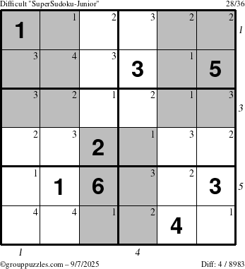 The grouppuzzles.com Difficult SuperSudoku-Junior puzzle for Sunday September 7, 2025 with all 4 steps marked