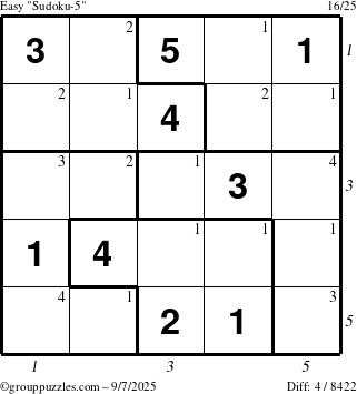 The grouppuzzles.com Easy Sudoku-5 puzzle for Sunday September 7, 2025, suitable for printing, with all 4 steps marked