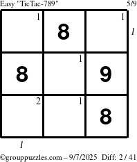 The grouppuzzles.com Easy TicTac-789 puzzle for Sunday September 7, 2025, suitable for printing, with all 2 steps marked