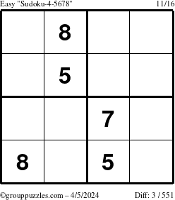The grouppuzzles.com Easy Sudoku-4-5678 puzzle for Friday April 5, 2024