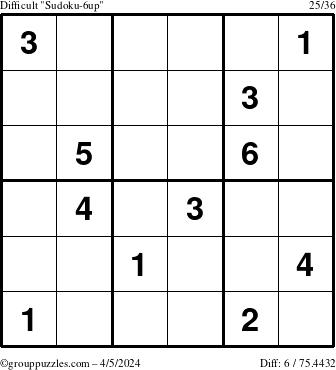 The grouppuzzles.com Difficult Sudoku-6up puzzle for Friday April 5, 2024