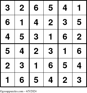 The grouppuzzles.com Answer grid for the Sudoku-6up puzzle for Friday April 5, 2024