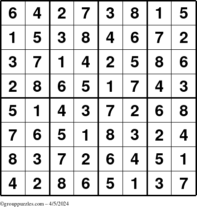 The grouppuzzles.com Answer grid for the Sudoku-8up puzzle for Friday April 5, 2024